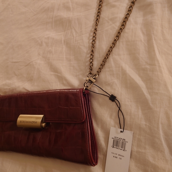 NWT Brown Leather BCBG MaxAzria Crocodile Chantal Clutch Purse Wristlet Gold - Picture 4 of 14